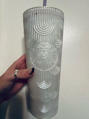 Starbucks White Pearlized Tumbler with Purple Straw